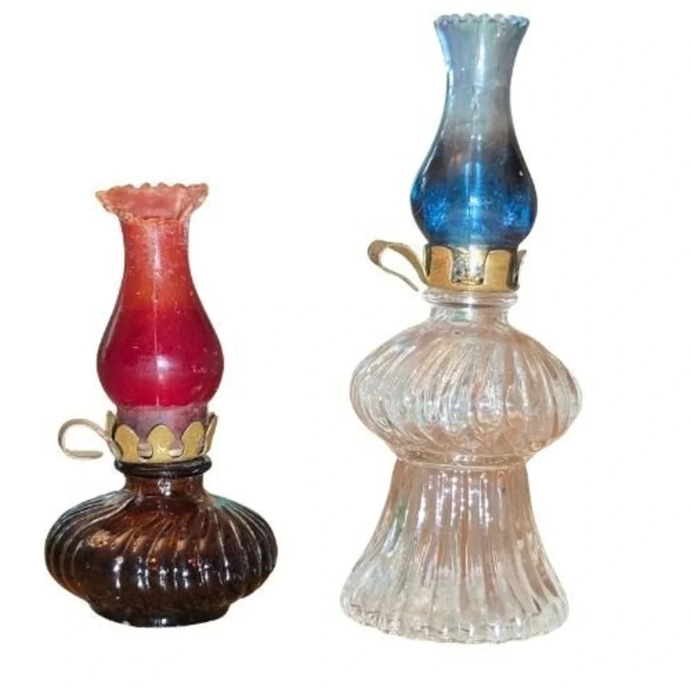 Vintage Miniature Glass Oil Lamps Set of 2 Red Blue Amber Victorian Decor